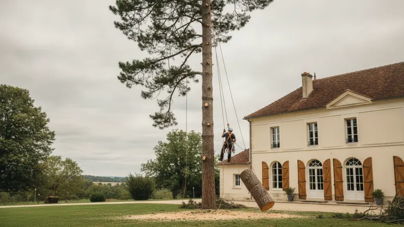 Abattage d'arbres par démontage près d'une maison avec un élagueur encordé