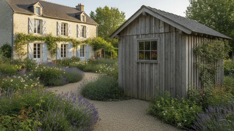 Abri de jardin en bois posé au fond d'un jardin de maison
