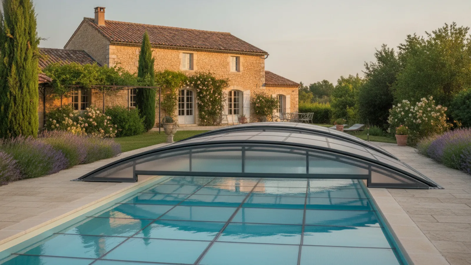Abri de piscine bas télescopique installé sur le bassin d'une maison