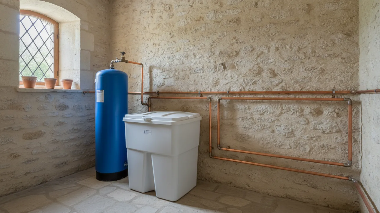 Adoucisseur d'eau installé dans le local technique d'une maison