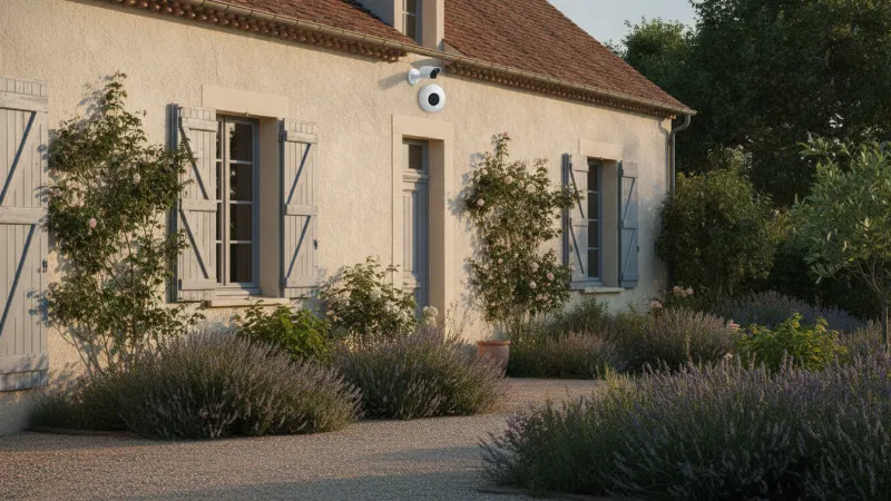 Caméra et sirène d'alarme maison fixées sous l'avant-toit d'une façade claire