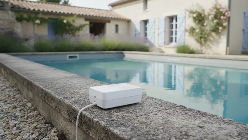 Alarme piscine d'immersion fixée sur la margelle d'une piscine enterrée
