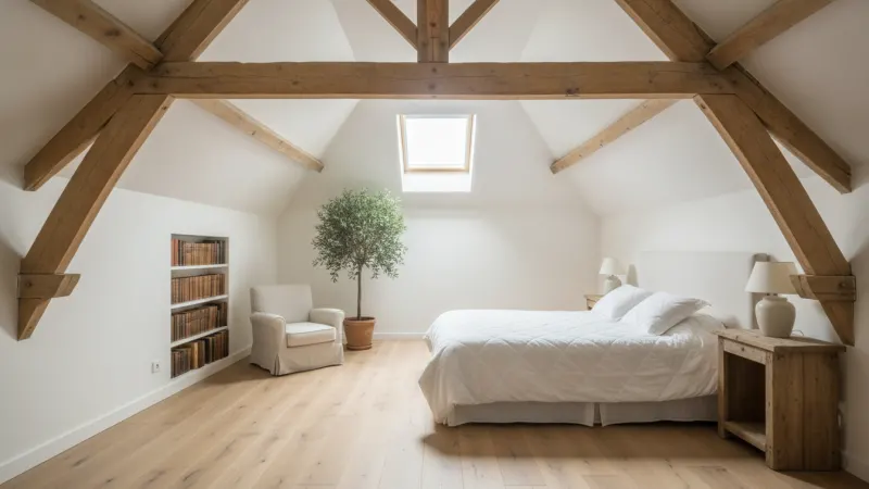 Combles aménagés en chambre lumineuse sous charpente apparente avec fenêtre de toit