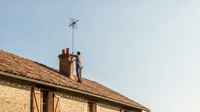 Antenniste installant une antenne TV sur la cheminée d'une maison en tuiles