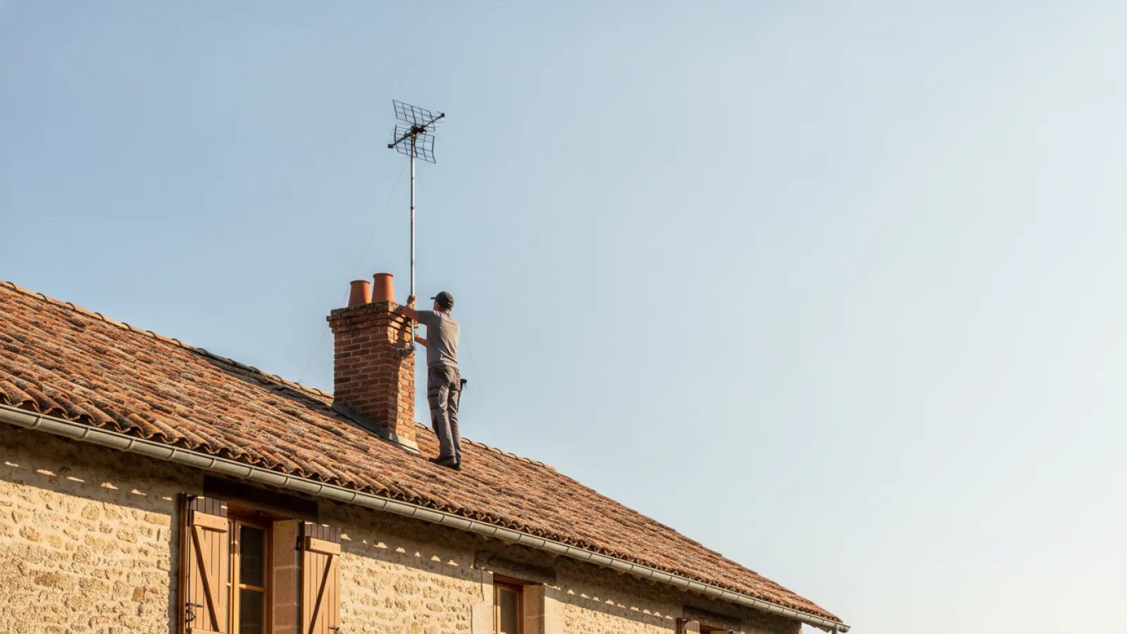 Antenniste installant une antenne TV sur la cheminée d'une maison en tuiles