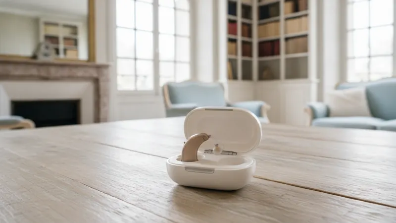 Appareil auditif posé dans son boîtier de recharge sur une table