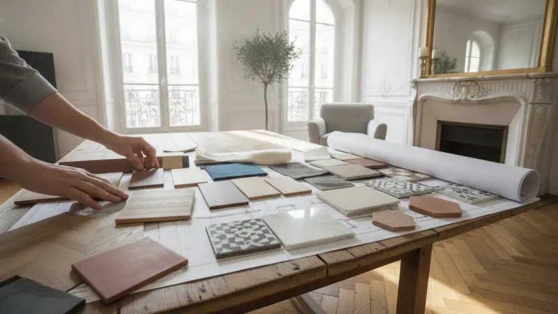 Architecte d'intérieur comparant des échantillons de matériaux sur un plan