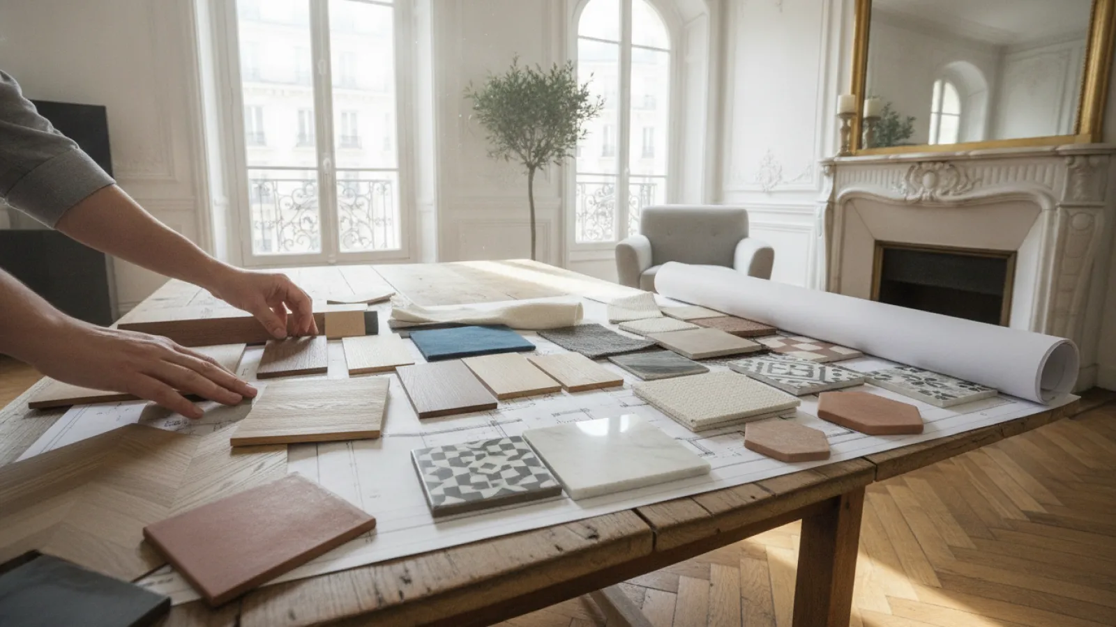 Architecte d'intérieur comparant des échantillons de matériaux sur un plan