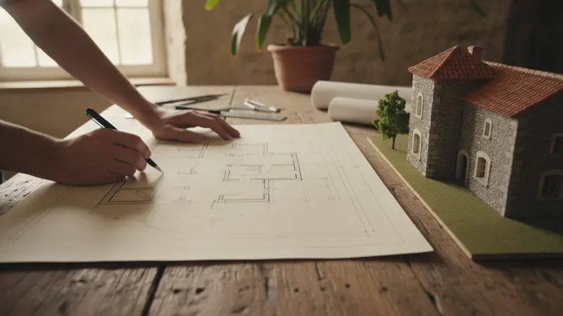 Architecte dessinant les plans d'une maison à côté d'une maquette