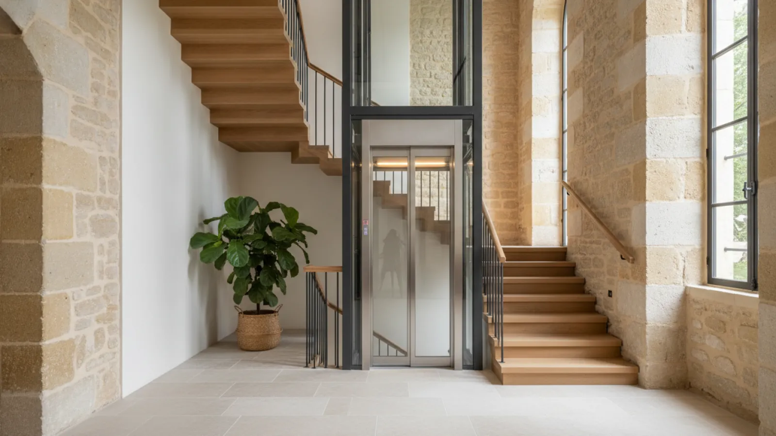 Ascenseur privatif vitré installé près de l'escalier d'une maison rénovée