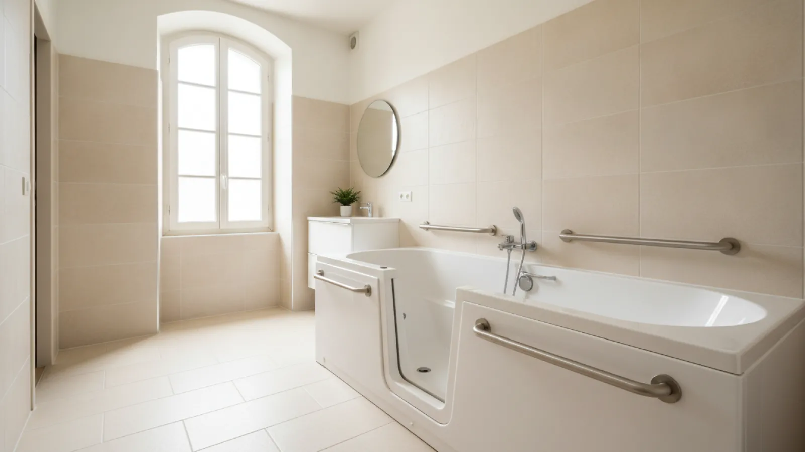 Baignoire à porte avec siège et barres d'appui dans une salle de bain claire