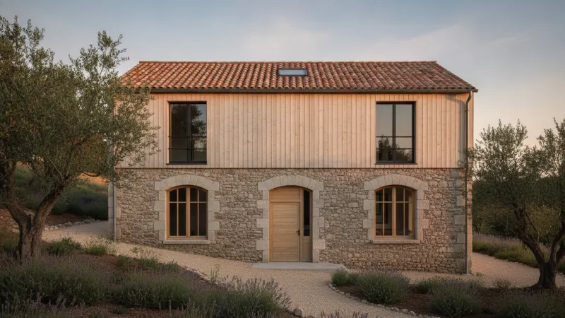 Maison rénovée avec un bardage bois clair posé sur la façade