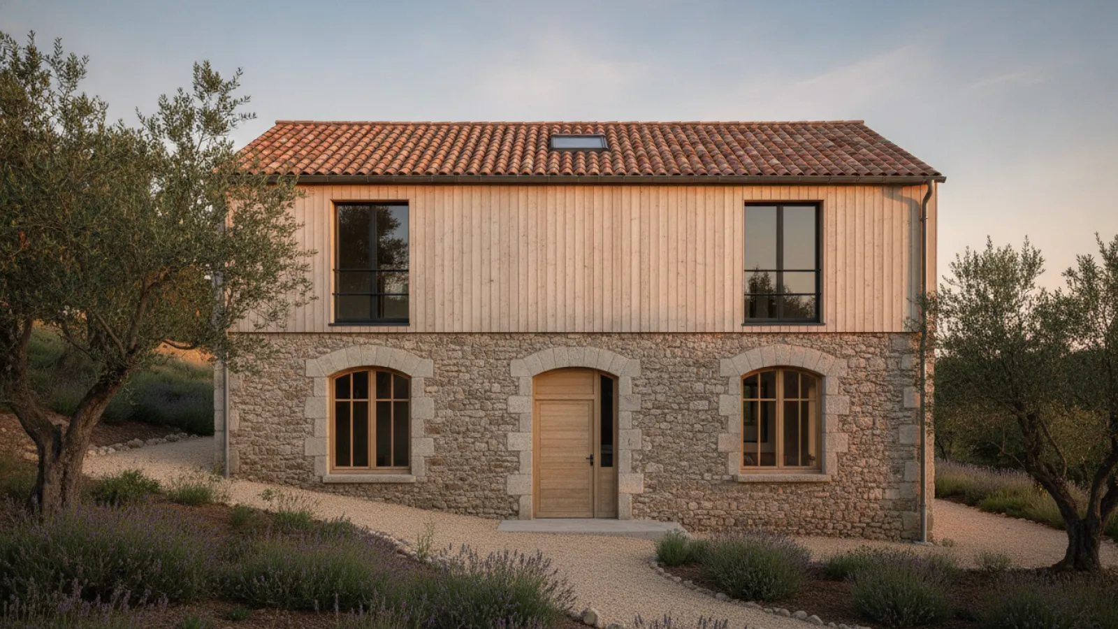 Maison rénovée avec un bardage bois clair posé sur la façade