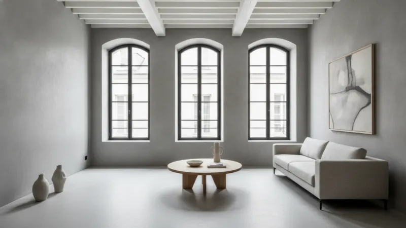 Sol en béton ciré gris dans un salon lumineux rénové