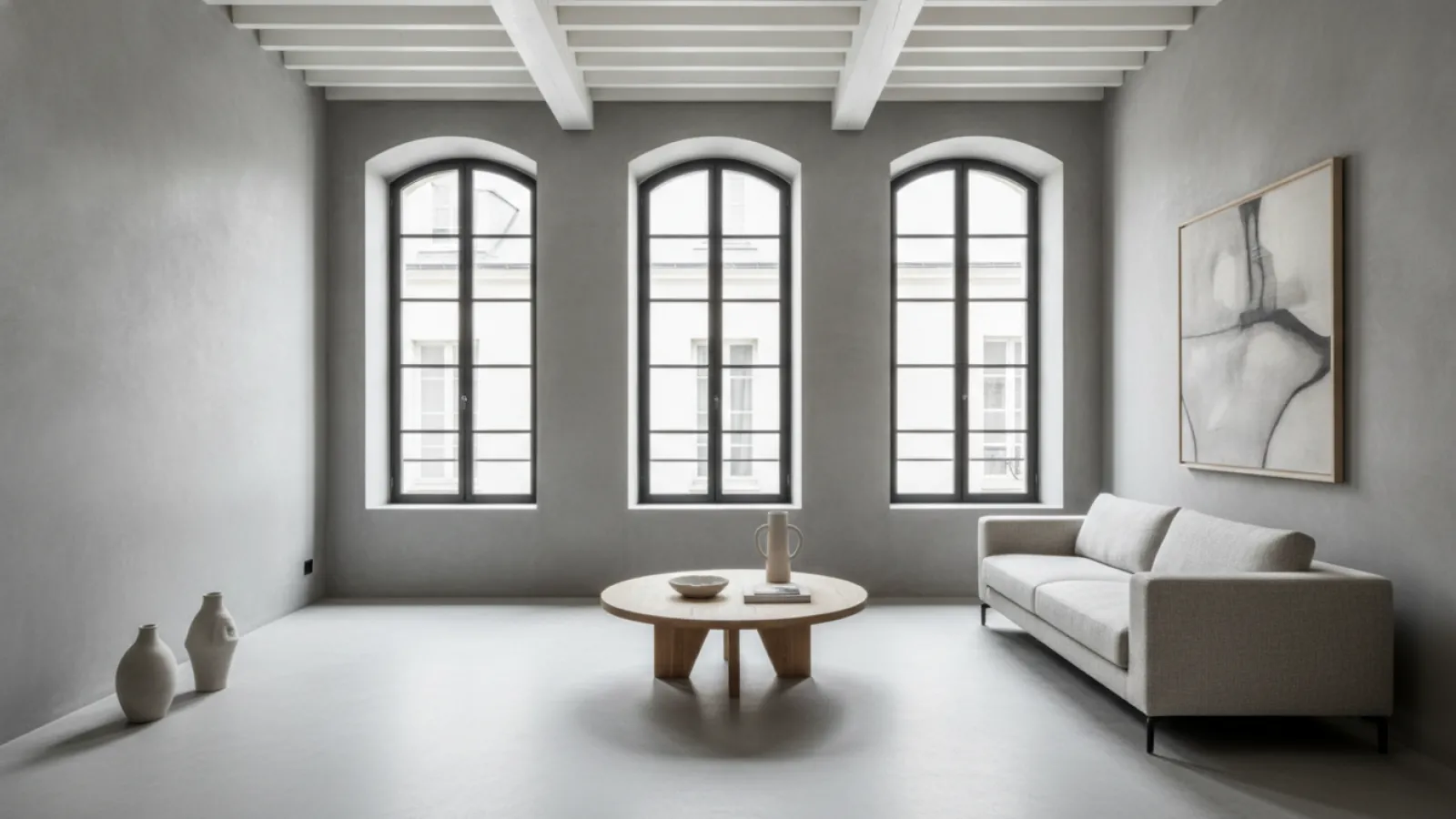 Sol en béton ciré gris dans un salon lumineux rénové