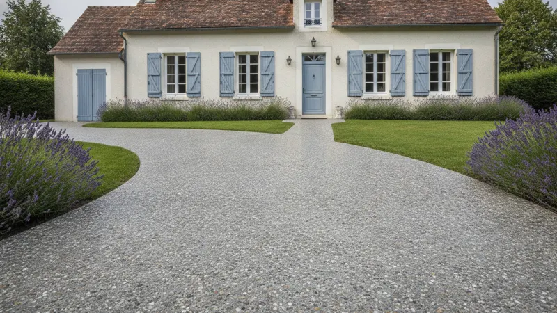 Allée en béton décoratif extérieur désactivé menant à une maison