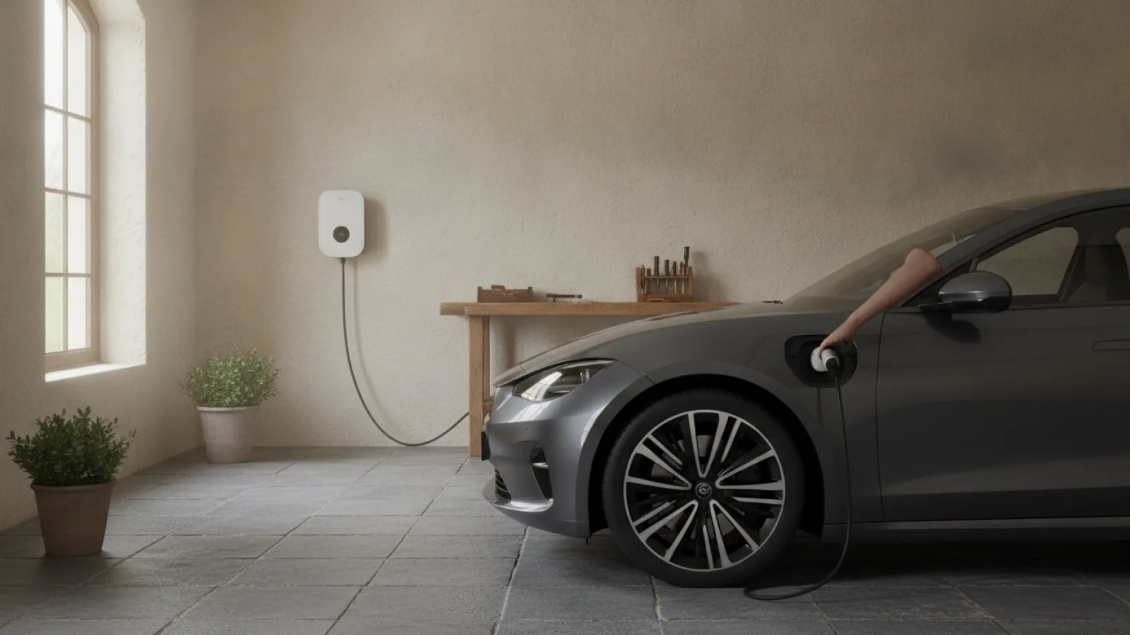 Borne de recharge murale installée dans le garage d'une maison