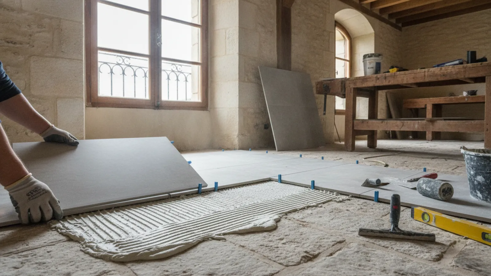 Carreleur posant un carrelage grand format gris clair au sol
