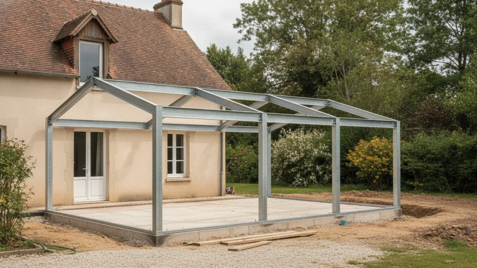 Structure en charpente métallique galvanisée pour l'extension d'une maison