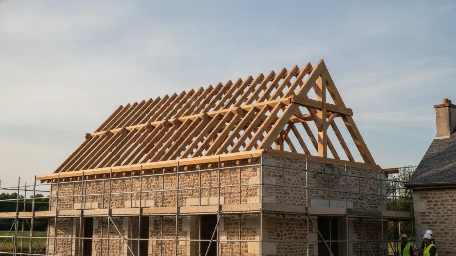 Charpente traditionnelle en bois posée sur une maison en pierre