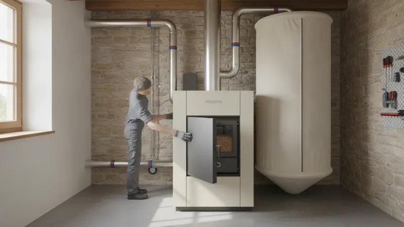 Chaudière à granulés et son silo dans la chaufferie d'une maison