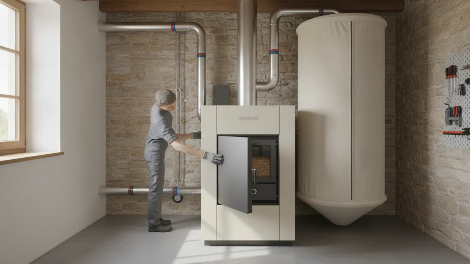 Chaudière à granulés et son silo dans la chaufferie d'une maison