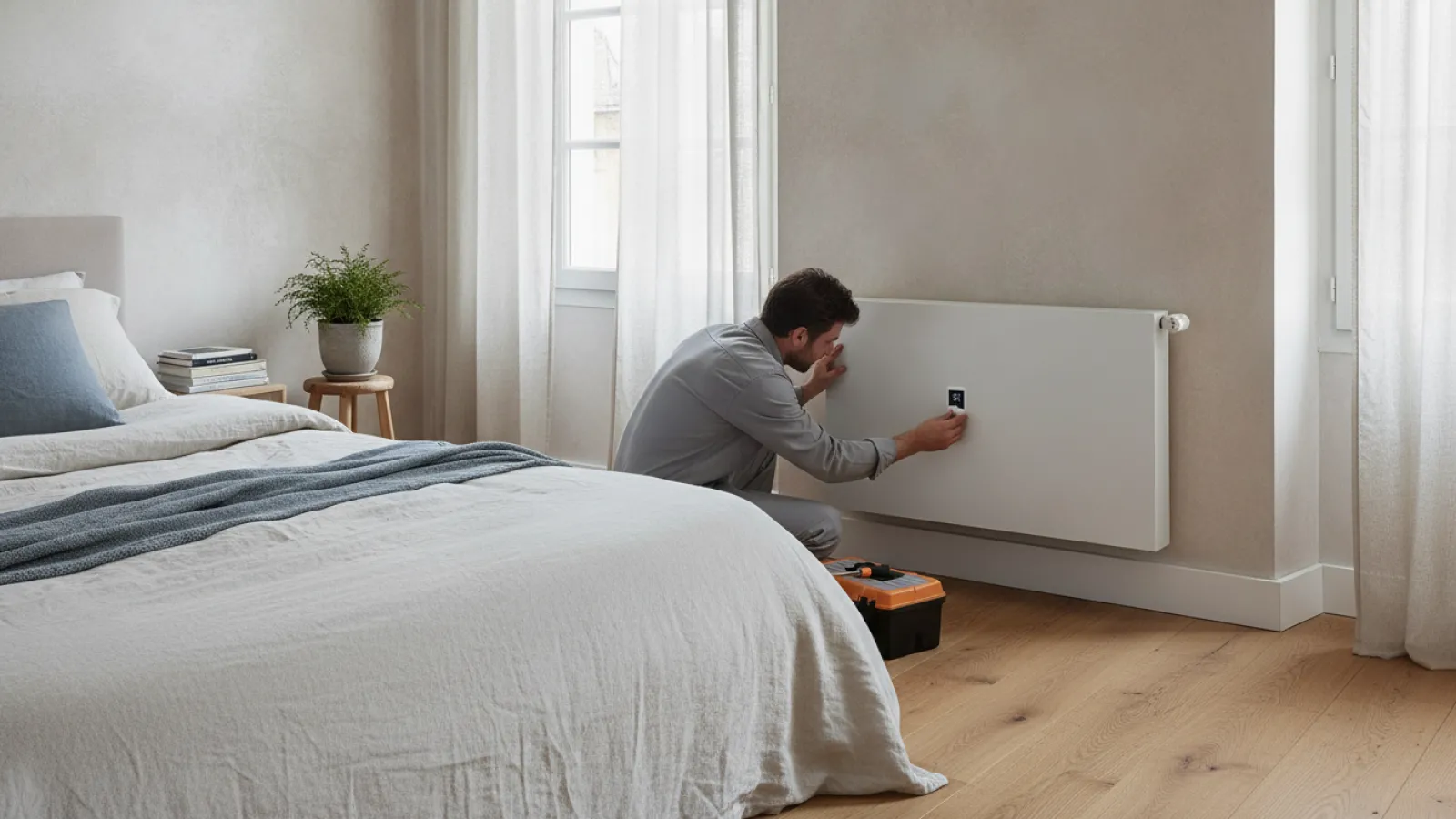 Radiateur de chauffage électrique à inertie installé sous une fenêtre
