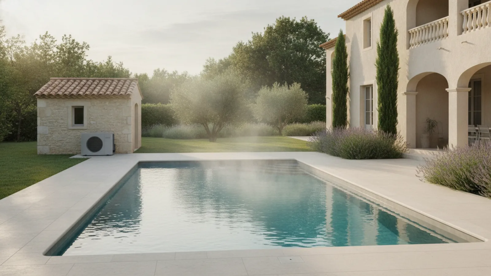 Piscine extérieure équipée d'un chauffage piscine dans le jardin d'une maison