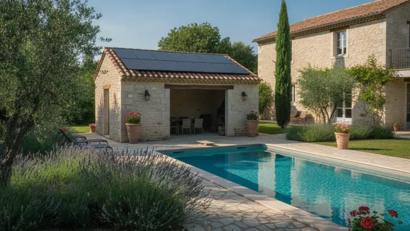 Capteurs de chauffage solaire piscine posés sur le toit d'un pool house