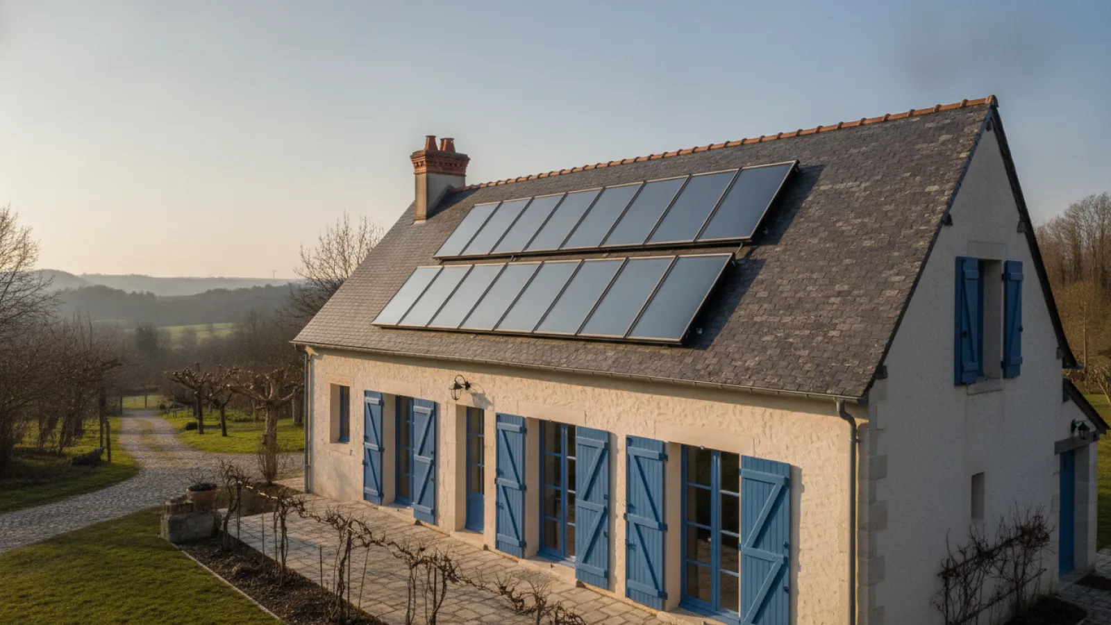 Capteurs de chauffage solaire thermique posés sur le toit d'une maison