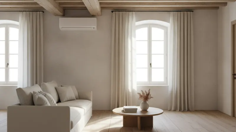 Unité de climatisation murale installée dans le séjour d'une maison
