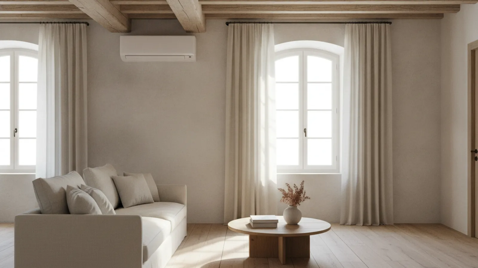 Unité de climatisation murale installée dans le séjour d'une maison