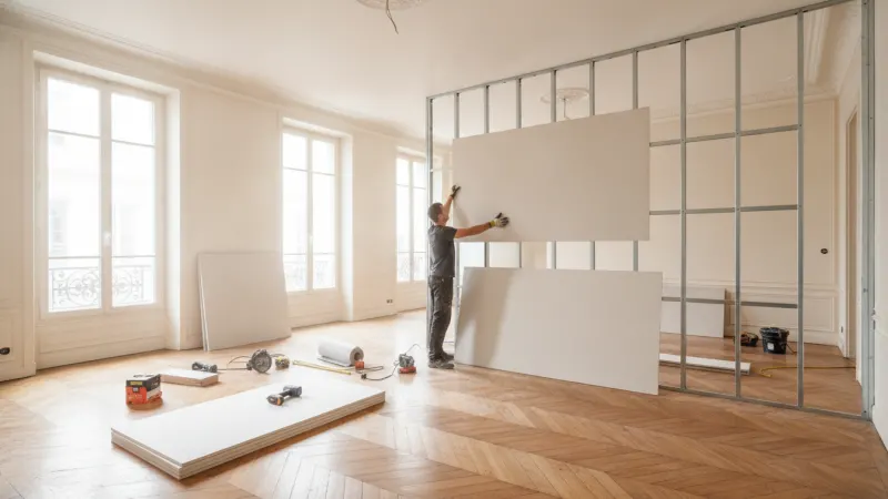 Pose de cloisons en plaque de plâtre sur ossature dans un appartement