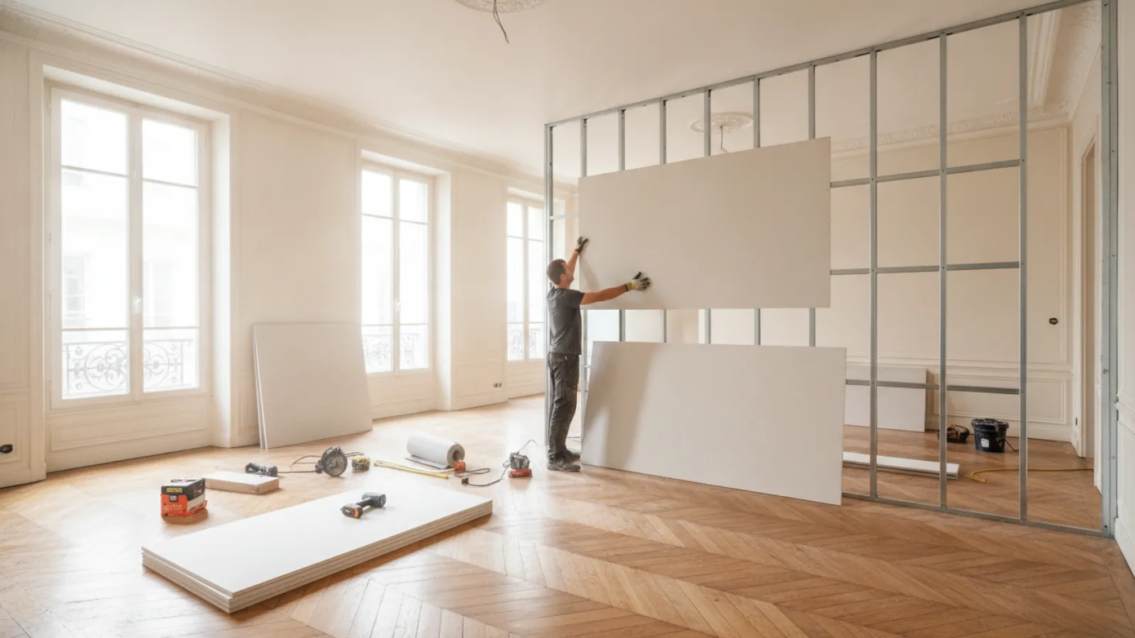 Pose de cloisons en plaque de plâtre sur ossature dans un appartement