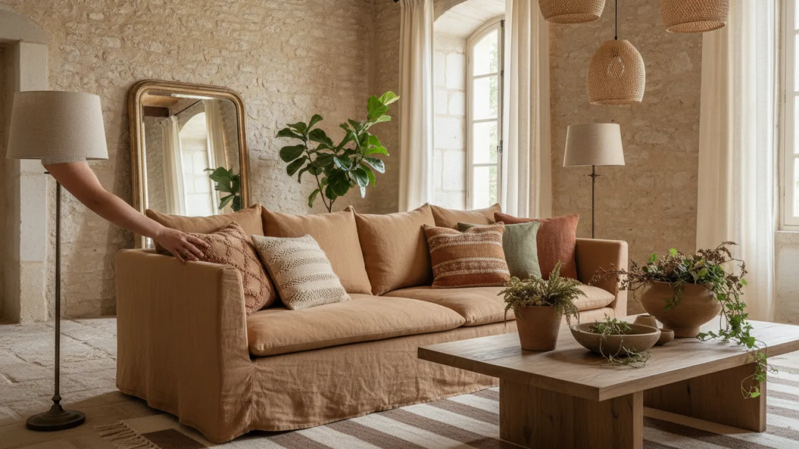 Salon aménagé par un décorateur dans des tons chauds et naturels