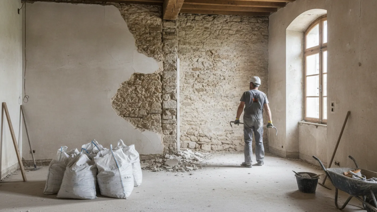 Chantier de démolition d'une cloison intérieure dans une maison ancienne
