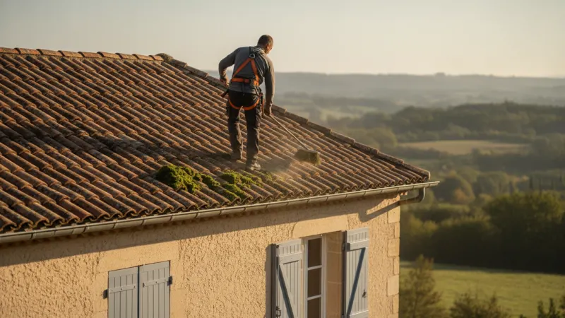 Couvreur réalisant un démoussage toiture sur des tuiles en terre cuite