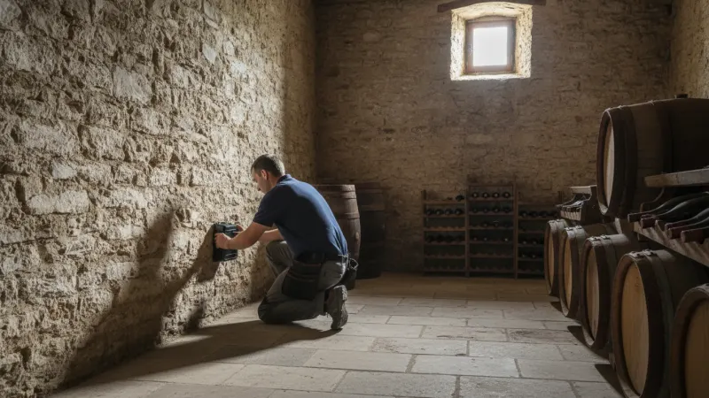 Technicien posant un poste d'appâtage pour une dératisation dans une cave