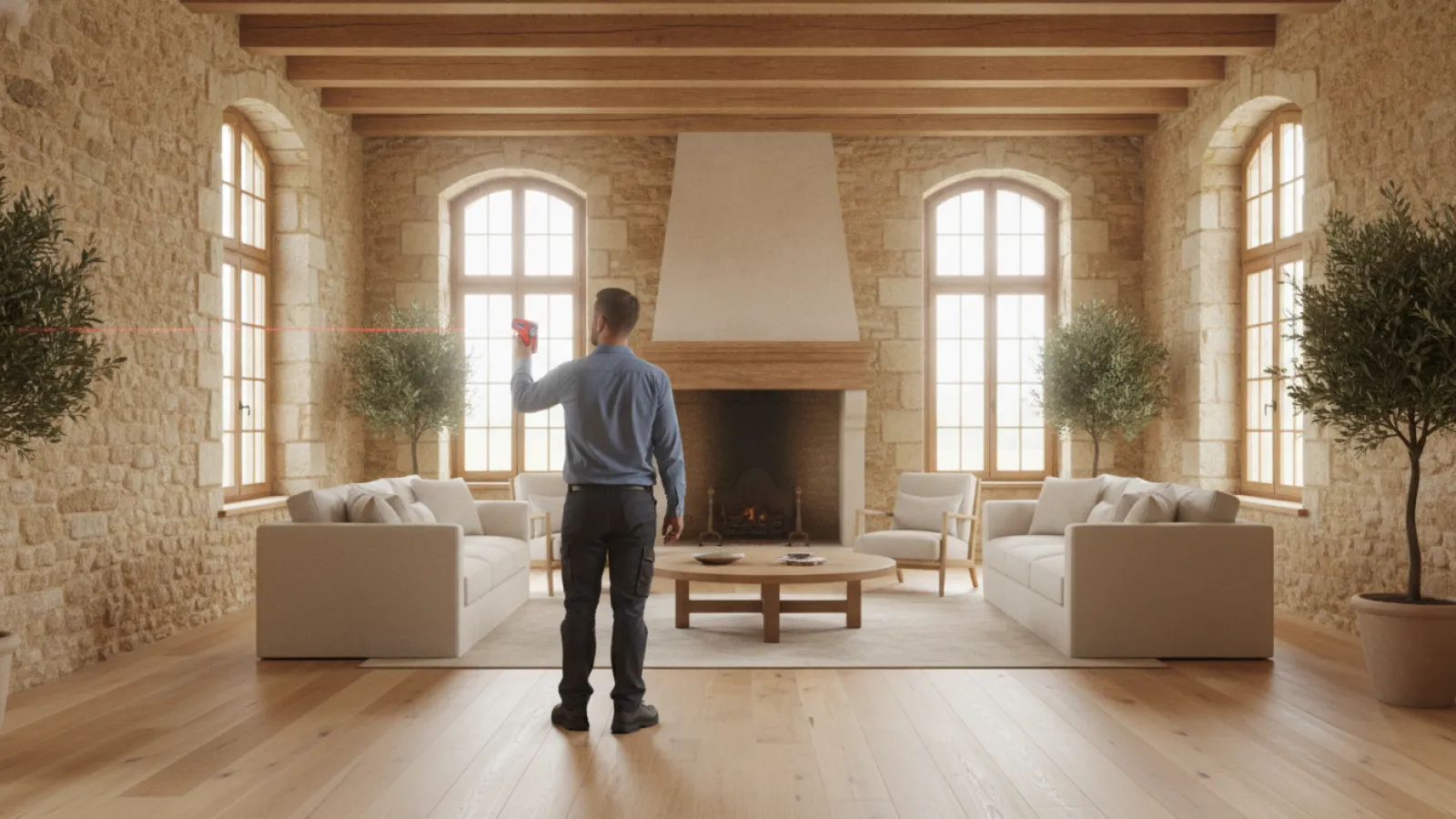 Diagnostiqueur réalisant un diagnostic immobilier dans un séjour de maison ancienne