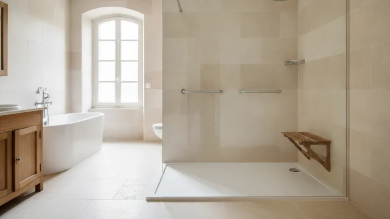 Douche senior de plain-pied avec barres d'appui et siège rabattable