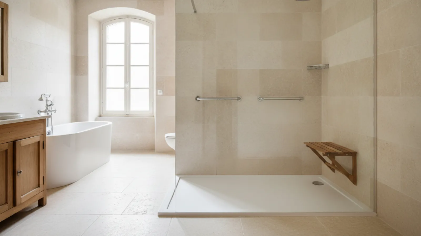 Douche senior de plain-pied avec barres d'appui et siège rabattable