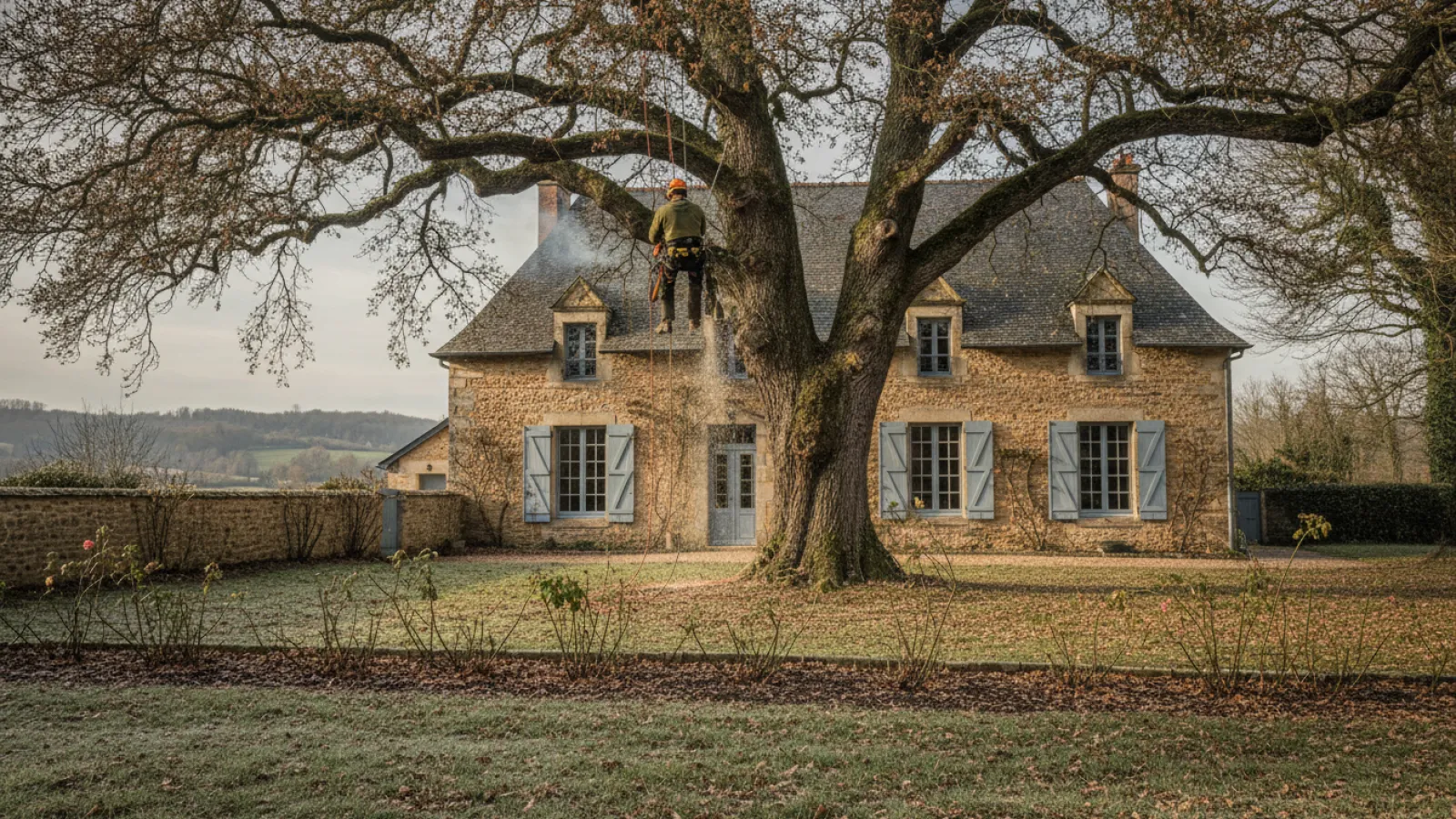 Élagueur grimpeur réalisant l'élagage d'un grand chêne près d'une maison