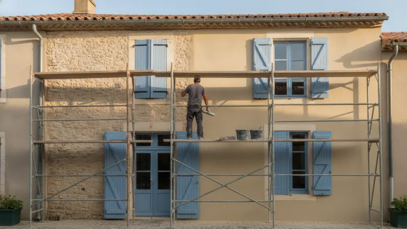 Application d'un enduit façade à la chaux sur une maison de village