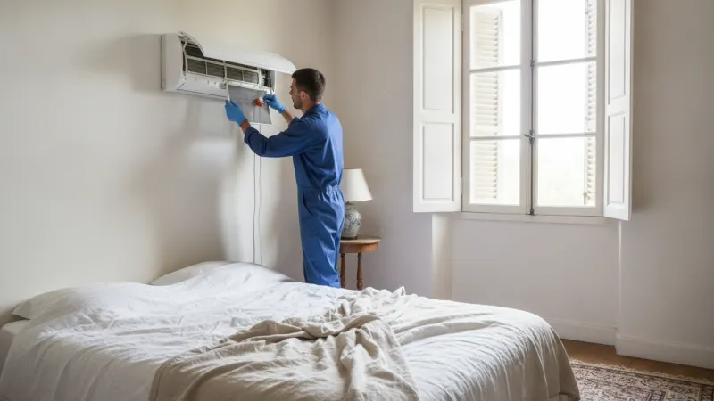 Frigoriste réalisant l'entretien climatisation d'une unité murale dans une chambre