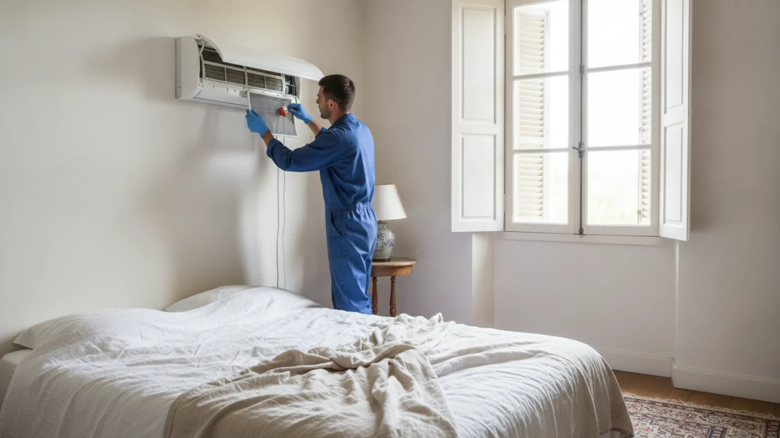 Frigoriste réalisant l'entretien climatisation d'une unité murale dans une chambre