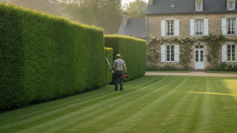 Jardinier assurant l'entretien du jardin et la taille d'une haie de maison