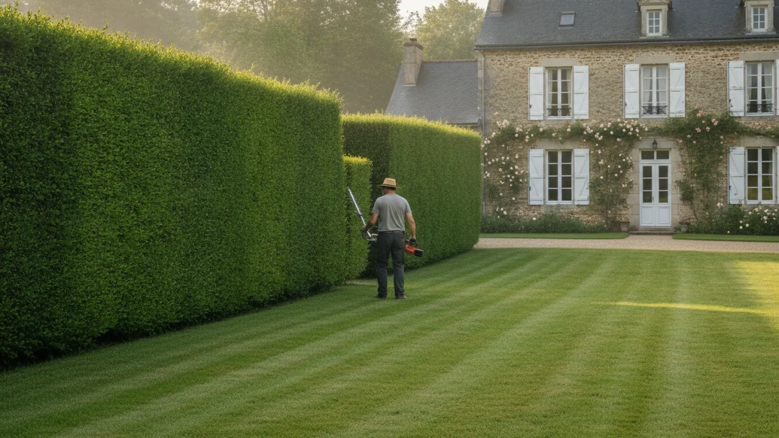 Jardinier assurant l'entretien du jardin et la taille d'une haie de maison