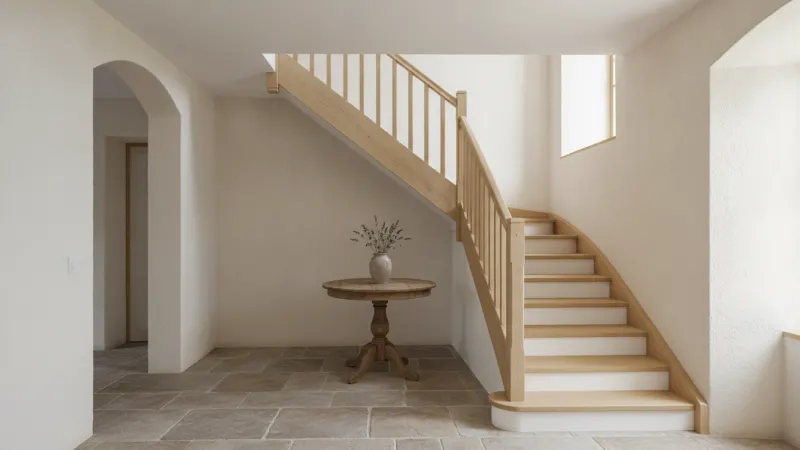 Escalier quart tournant en chêne dans une maison aux murs clairs