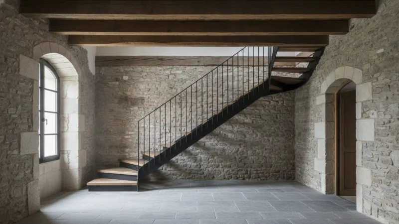 Escalier métallique noir avec marches en chêne dans une maison en pierre
