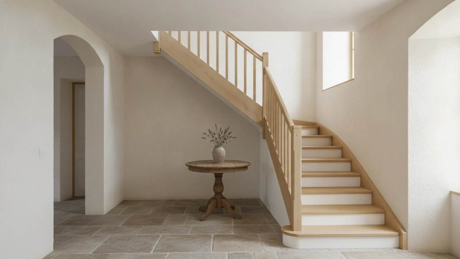 Escalier quart tournant en chêne dans une maison aux murs clairs